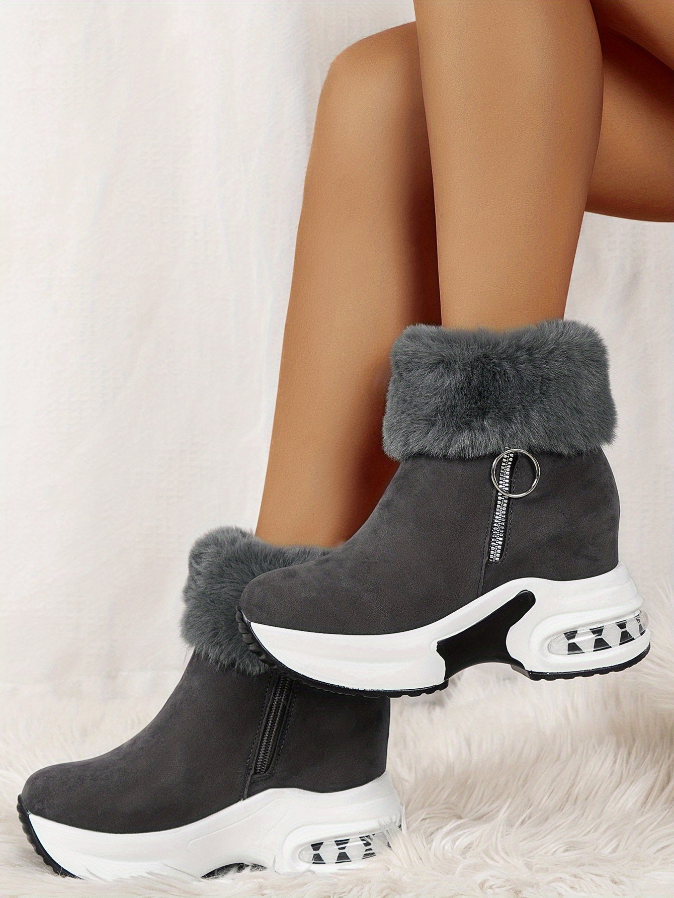 Women's Platform Short Boots, Comfortable Side Zipper Ankle Boots, Stylish Plush Lined Boots