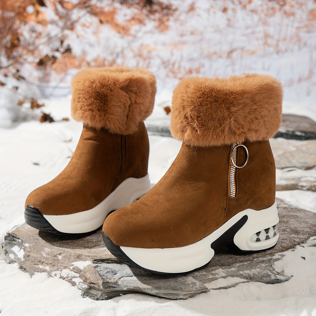 Women's Platform Short Boots, Comfortable Side Zipper Ankle Boots, Stylish Plush Lined Boots