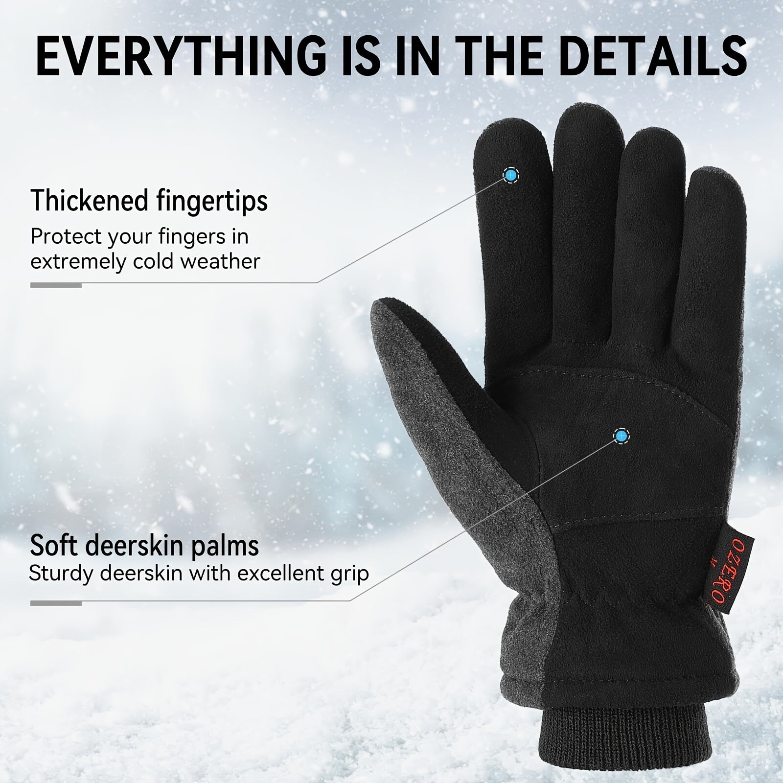 -30°F Thermal Insulated OZERO Winter Gloves - Deerskin Suede Leather Water-resistant Windproof Gloves for Driving, Hiking, Snow Work in Cold Weather - Warm Gifts for Men and Women