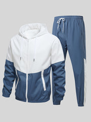 2-Piece Mens Athletic Wear Set - Premium Hooded Jacket and Comfortable Pants with Elastic Waistband, Trendy Color Block Design, Perfect for Spring/Autumn, Youth Fashion Trend, Casual and Sports Style