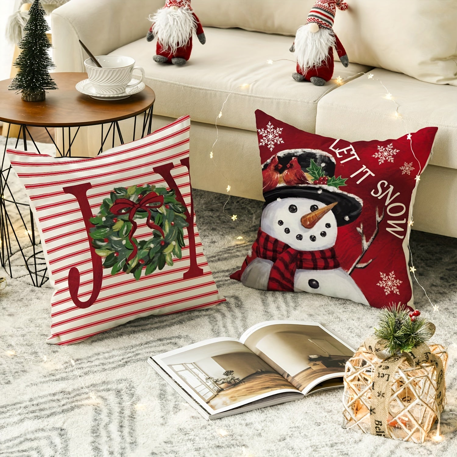 4pcs/Set, Sm:e Merry Christmas Let It Snow Joy Stripes Gift Box Red Throw Pillow Covers, 12 X 20 Inch Xmas Tree Holiday Cushion Case Decoration For Sofa Couch Set Of 4