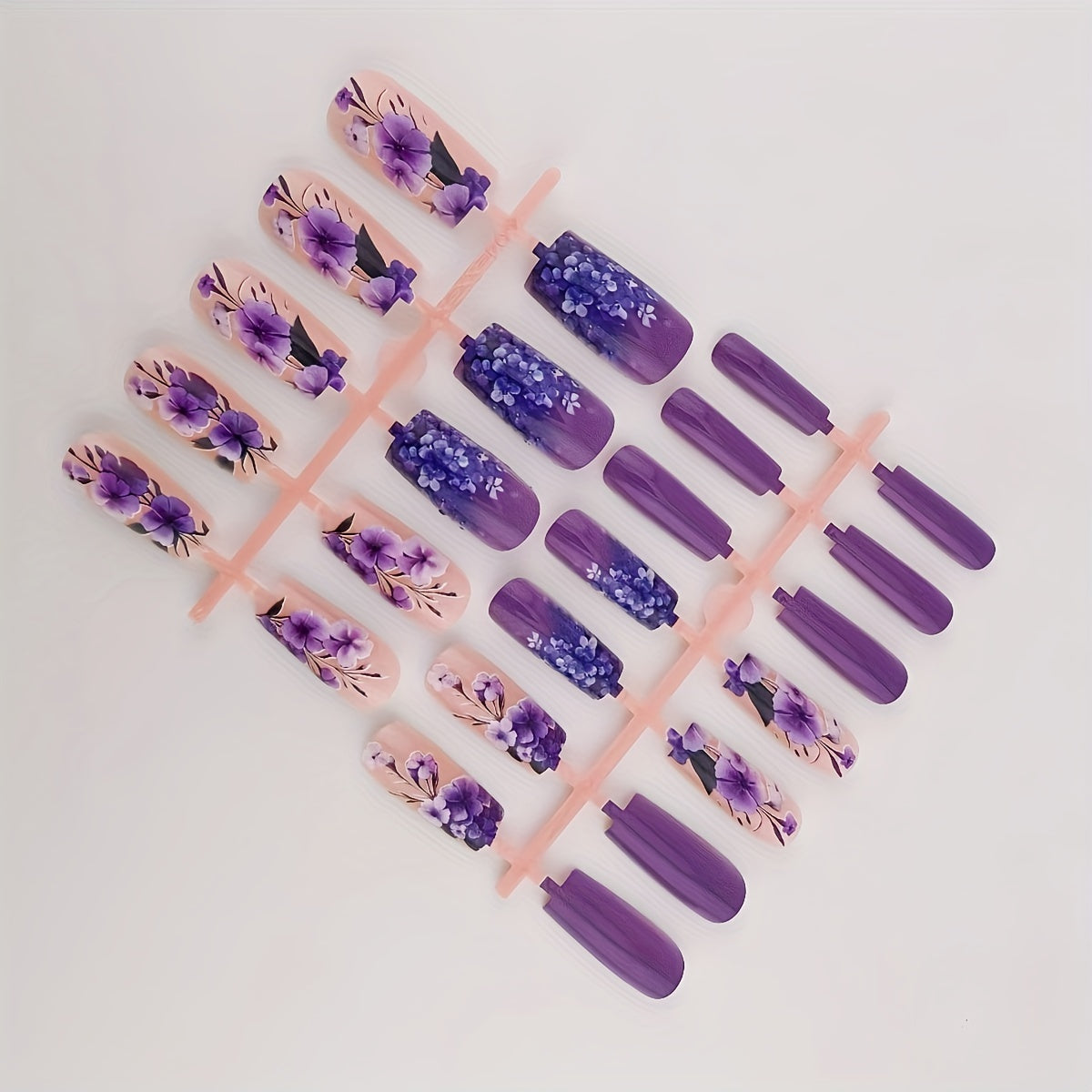 24pcs Blooming Beauty Press-On Nails Set, Mixed Purple Floral Design, Square Shape, Medium Length, Glossy Finish, Fashionable False Nails for Women, Perfect for Daily Wear, Parties, and Holidays, Includes Jelly Glue and Nail