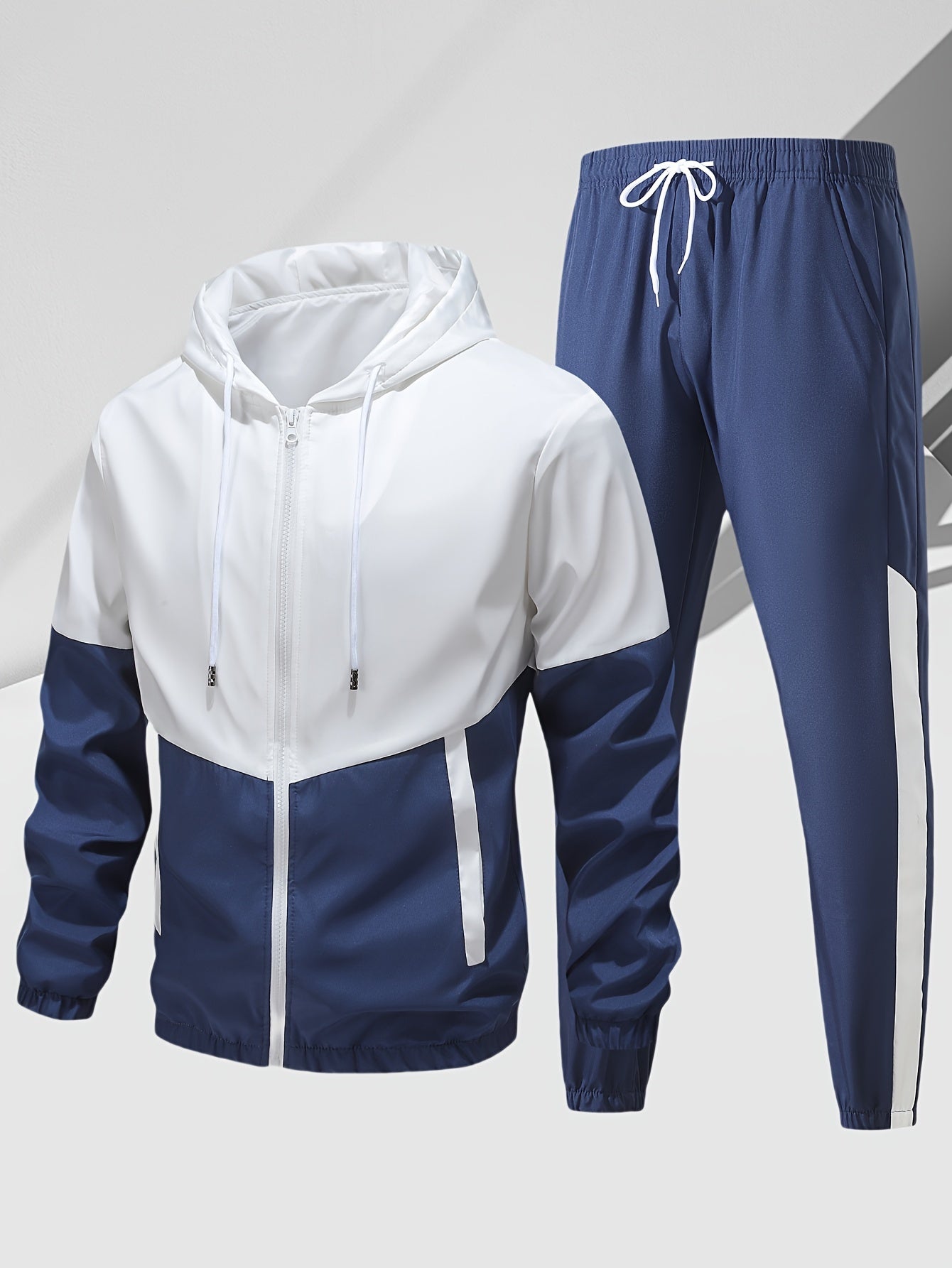 2-Piece Mens Athletic Wear Set - Premium Hooded Jacket and Comfortable Pants with Elastic Waistband, Trendy Color Block Design, Perfect for Spring/Autumn, Youth Fashion Trend, Casual and Sports Style