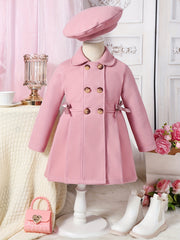 Chic Girls' Winter Coat with Bow Detail - Warm, Fashionable Double-Breasted Long Overcoat & Matching Hat Set for Youngsters