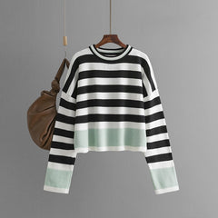 Women's striped long sleeved round neck knitted sweater top for women