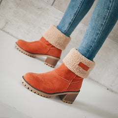 Women's Solid Color Chunky Heel Boots, Casual Slip On Plush Lined Boots, Comfortable Winter Ankle Boots