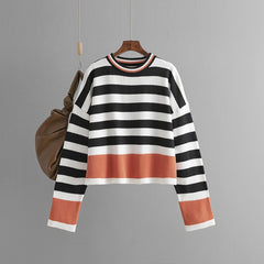 Women's striped long sleeved round neck knitted sweater top for women