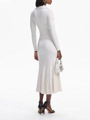 Ivory fishtail maxi dress delicate and elegant ribbed knit long sleeve dress