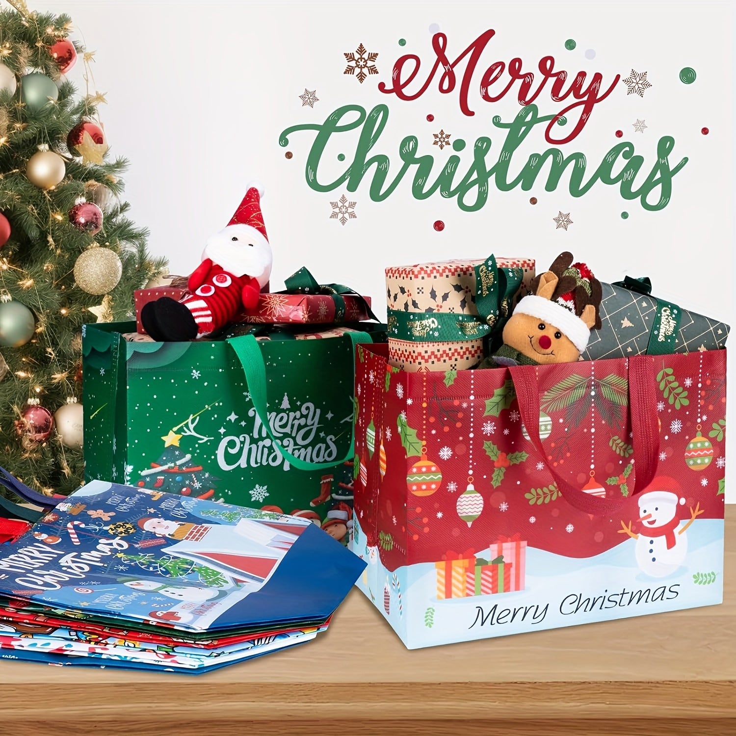 8/16pcs Set Large Christmas Gift Bags with Handles - Reusable Non-Woven Tote Bags for Holiday Shopping & Decor, Durable & Foldable, Featuring Santa, Elk, Tree Designs - 12.8"x9.8"x6.7"