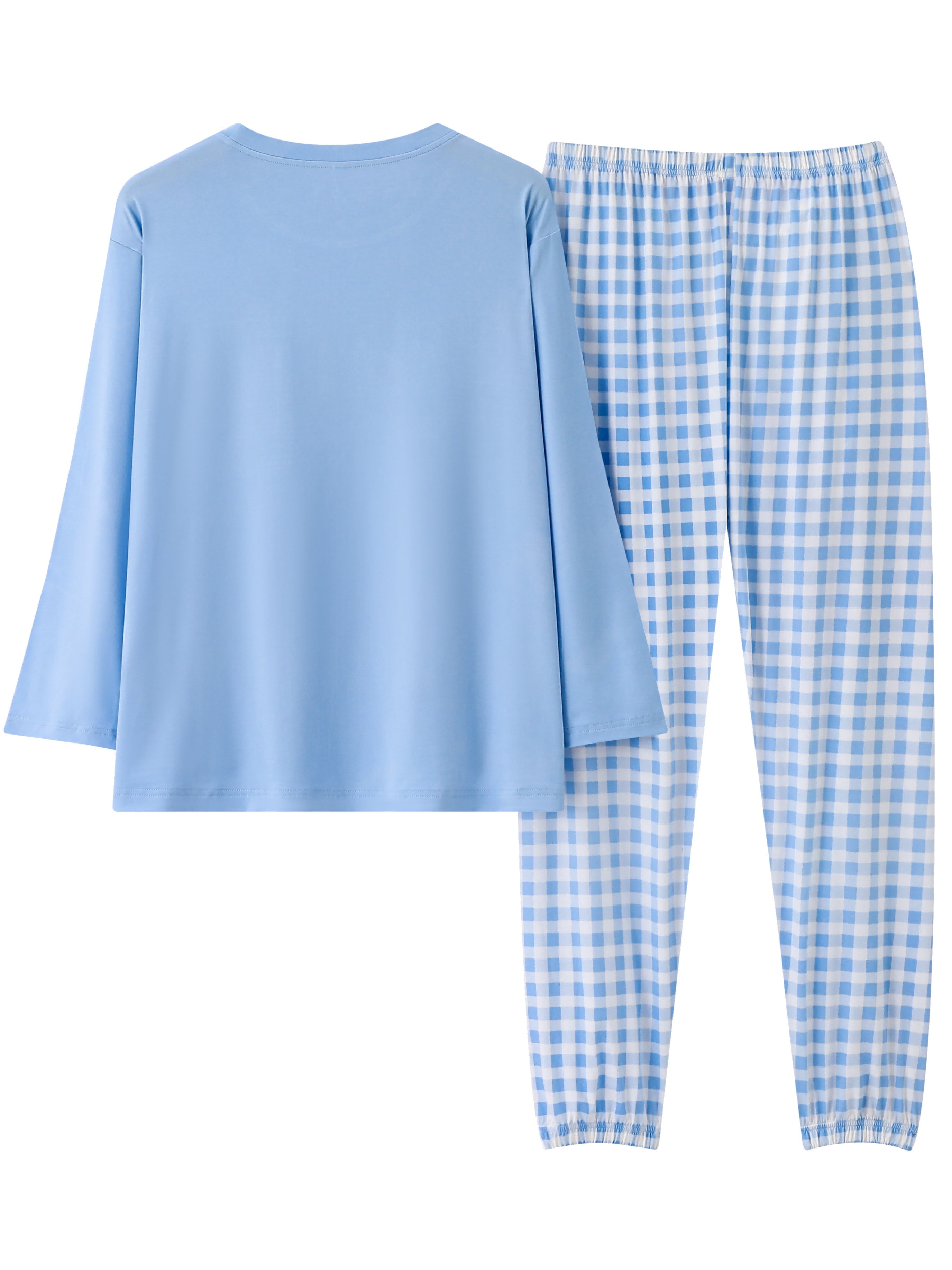 Plus Size Casual Pajamas Set, Women's Plus Soft Solid Long Sleeve Tee & Plaid Pants Comfort Loungewear 2pcs Set, Women Plus Size Two Piece Set