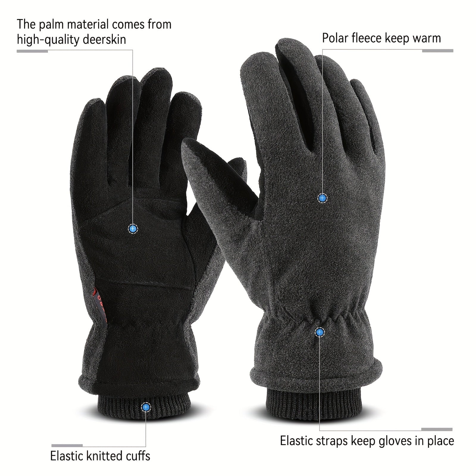 -30°F Thermal Insulated OZERO Winter Gloves - Deerskin Suede Leather Water-resistant Windproof Gloves for Driving, Hiking, Snow Work in Cold Weather - Warm Gifts for Men and Women