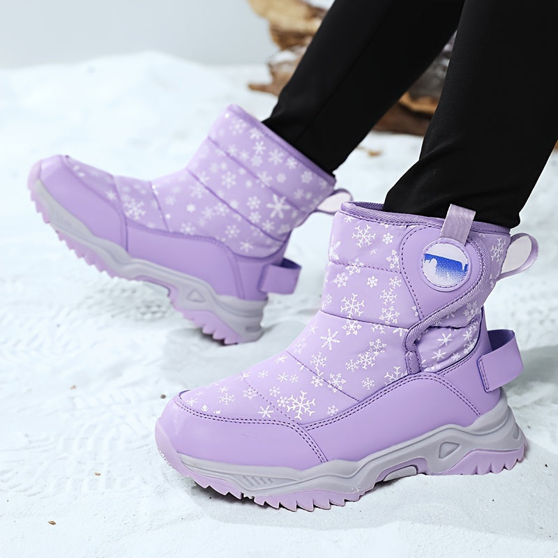 Girls' Winter Snow Boots - Warm Fashionable Versatile - Cute Stylish Snow Boots with Hook & Loop Closure, Geometric Pattern, Faux Leather Upper, Fabric Lining, Rubber Sole, Medium Height, Round Toe