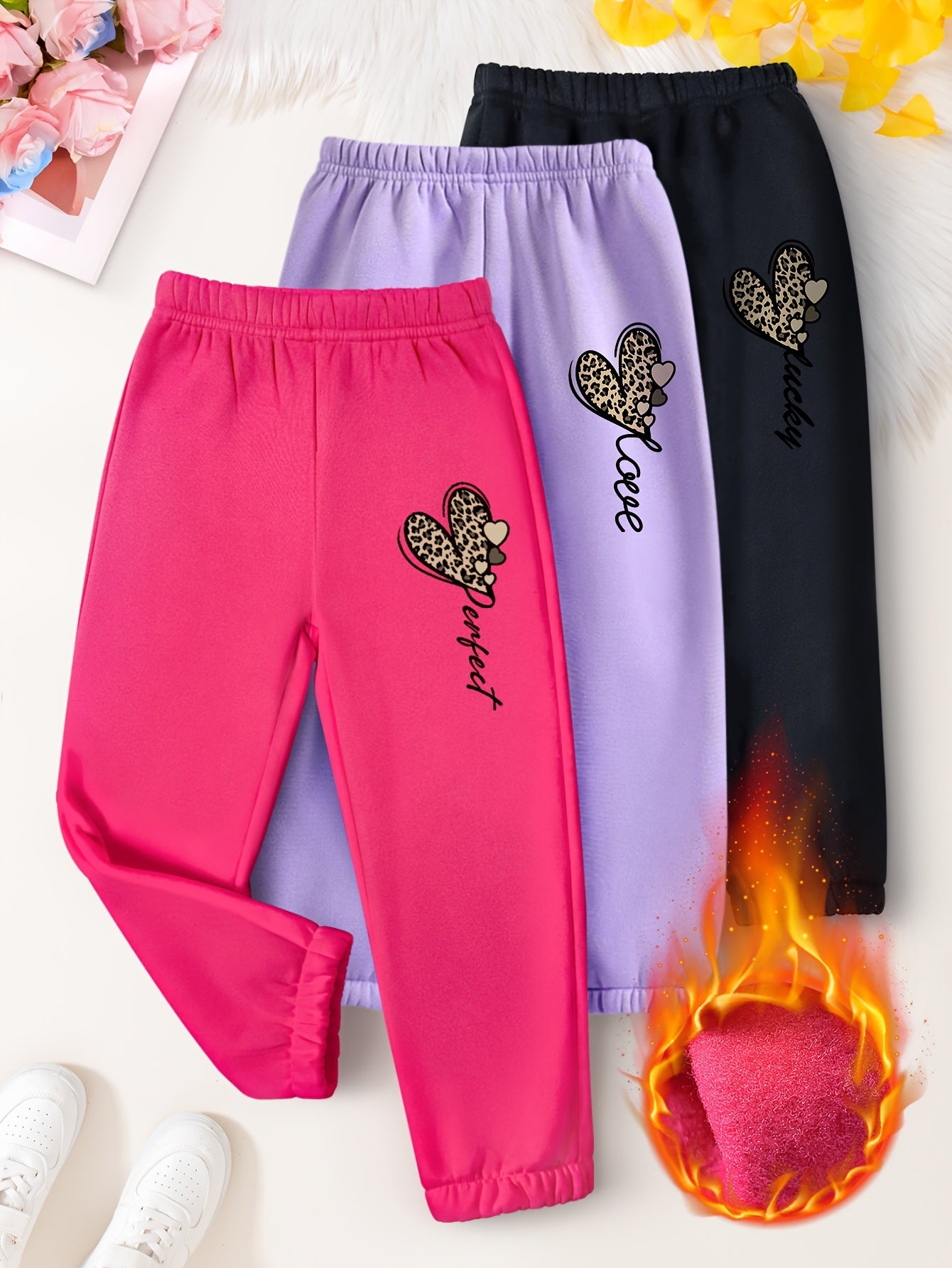 3PCS Cozy Cartoon Girl Graphic Print Plush Lined Sweatpants Set for Girls - Warm and Comfy Pants & Capris for Fall and Winter Outdoors - Soft, Fleece-Lined, and Adorable Graphic Design