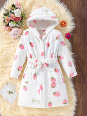 Girls Robe Soft Warm Hooded Bathrobe with Blet Strawberry Pattern for Gift