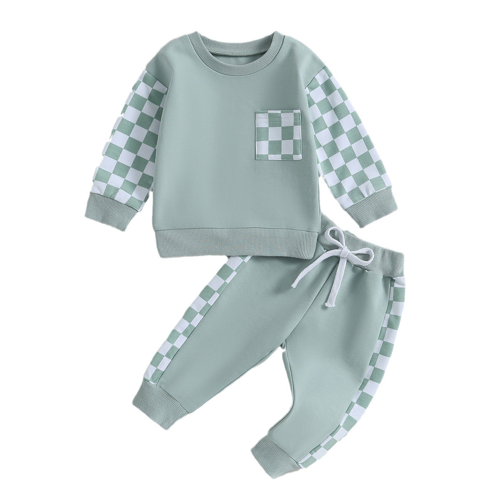 Boys' Chessboard Plaid Patchwork Sweater Sweatpants 2-piece Set