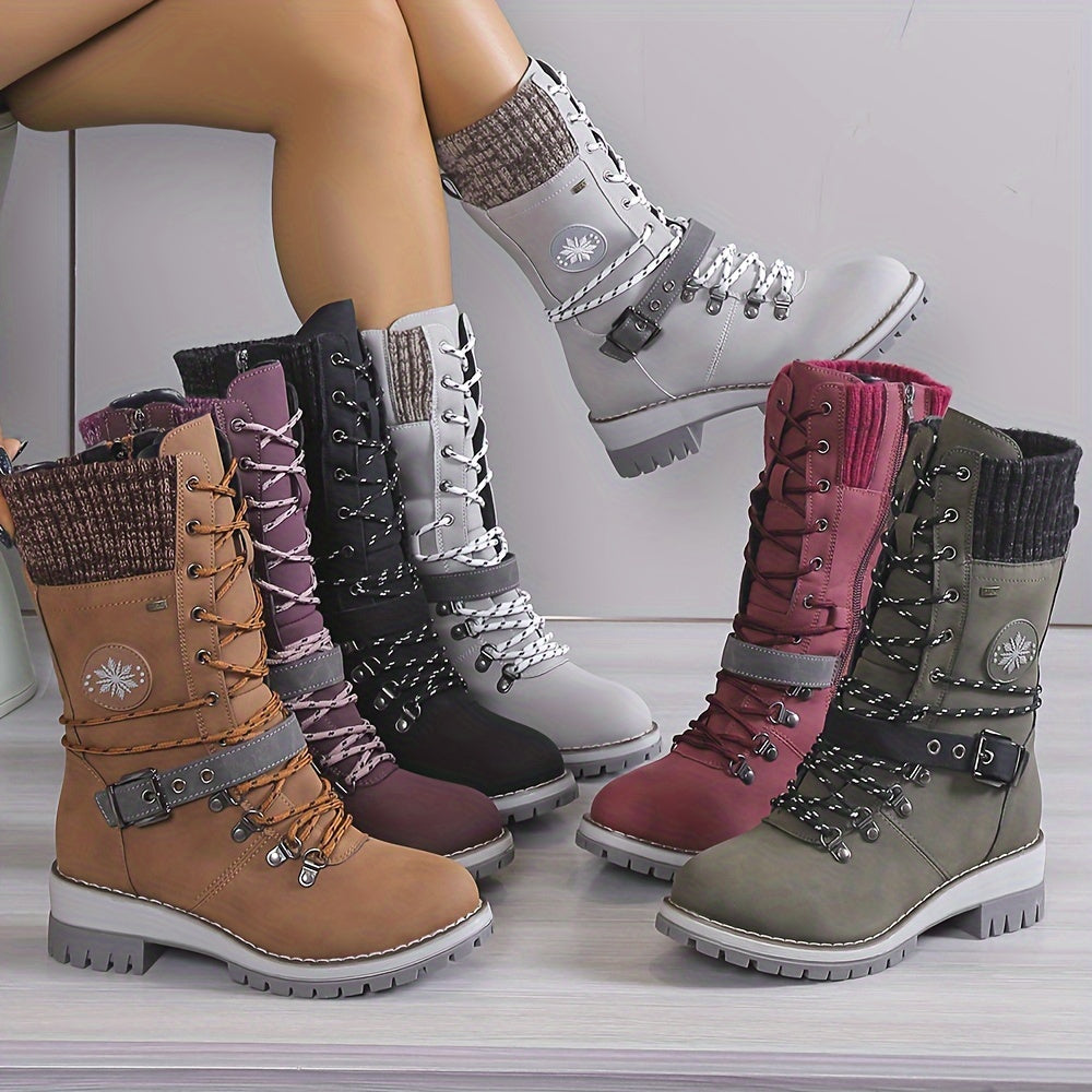 Mid Calf Thermal Women's Fashion Boots, Knitted Lace Up with Side Zipper, All-Match Outdoor