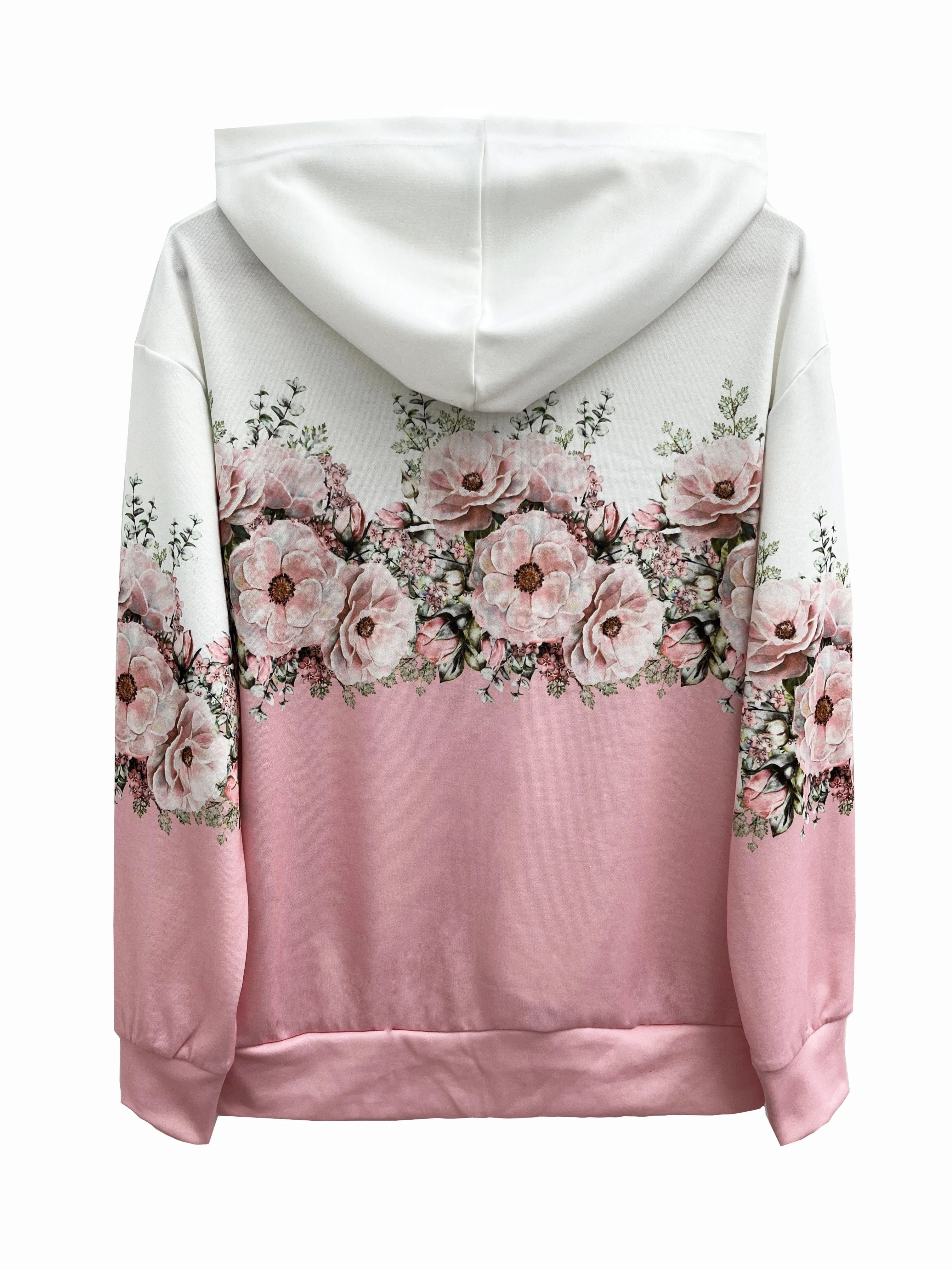 Plus Size Casual Coat, Women's Plus Ombre Floral Print Hooded Drawstring Long Sleeve Zip Up Medium Stretch Coat With Kangaroo Pockets