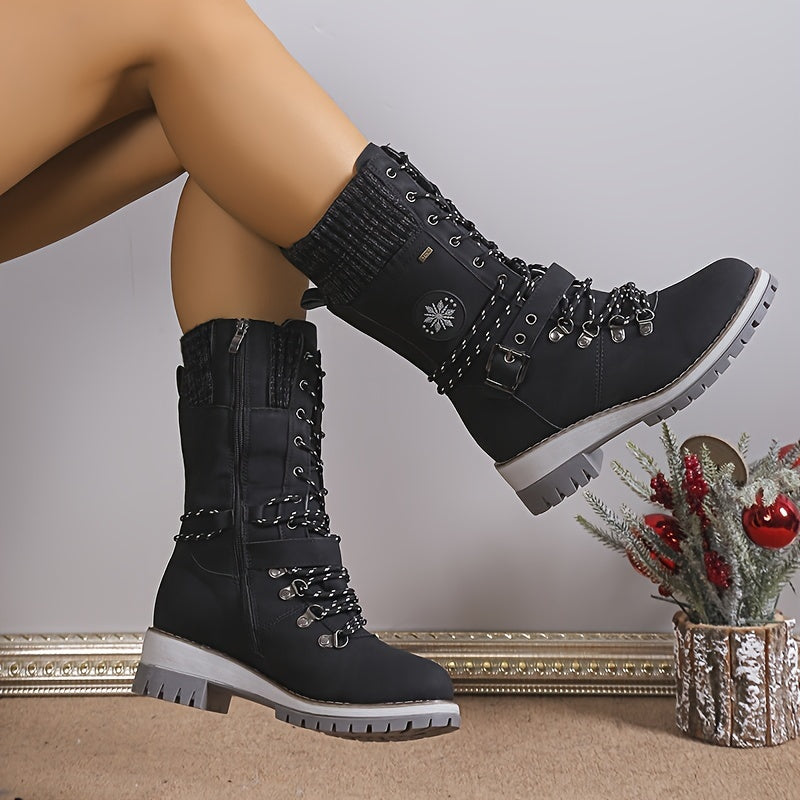 Mid Calf Thermal Women's Fashion Boots, Knitted Lace Up with Side Zipper, All-Match Outdoor