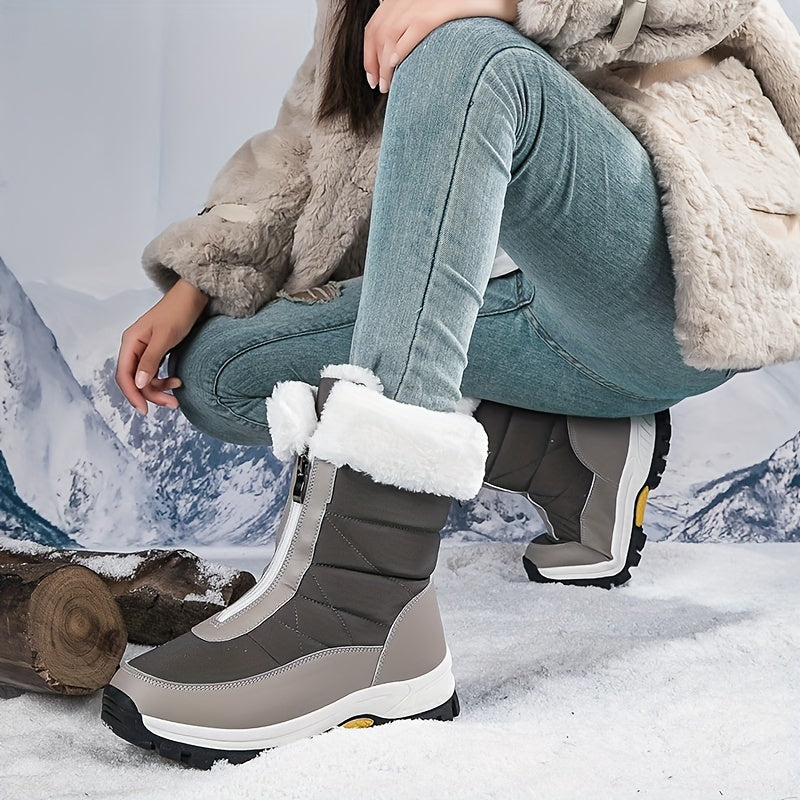 Comfortable Women's Plush Lined Platform Snow Boots, Fashion Front Zipper Outdoor Boots