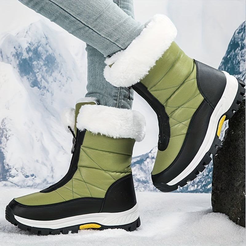 Comfortable Women's Plush Lined Platform Snow Boots, Fashion Front Zipper Outdoor Boots