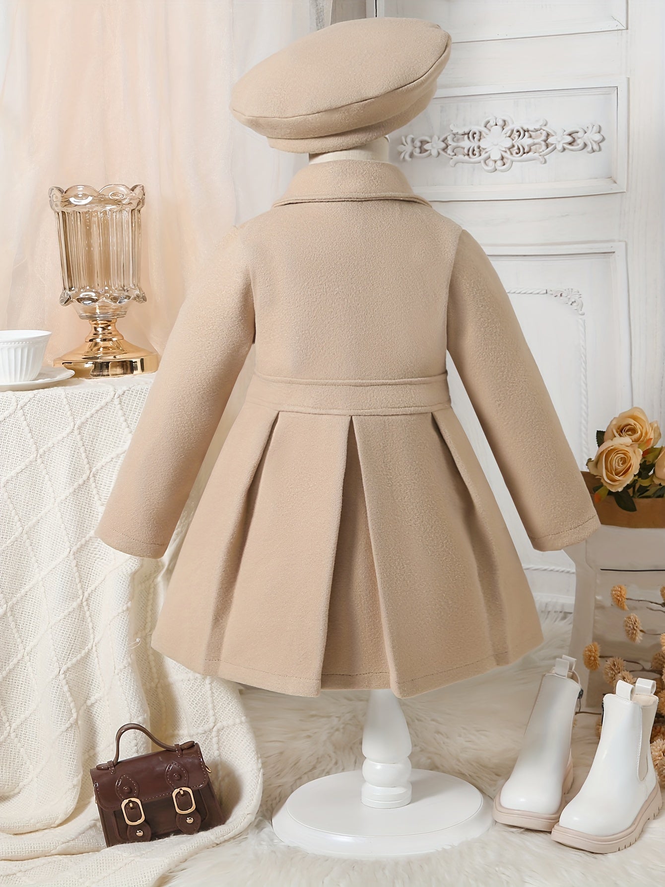 Chic Girls' Winter Coat with Bow Detail - Warm, Fashionable Double-Breasted Long Overcoat & Matching Hat Set for Youngsters