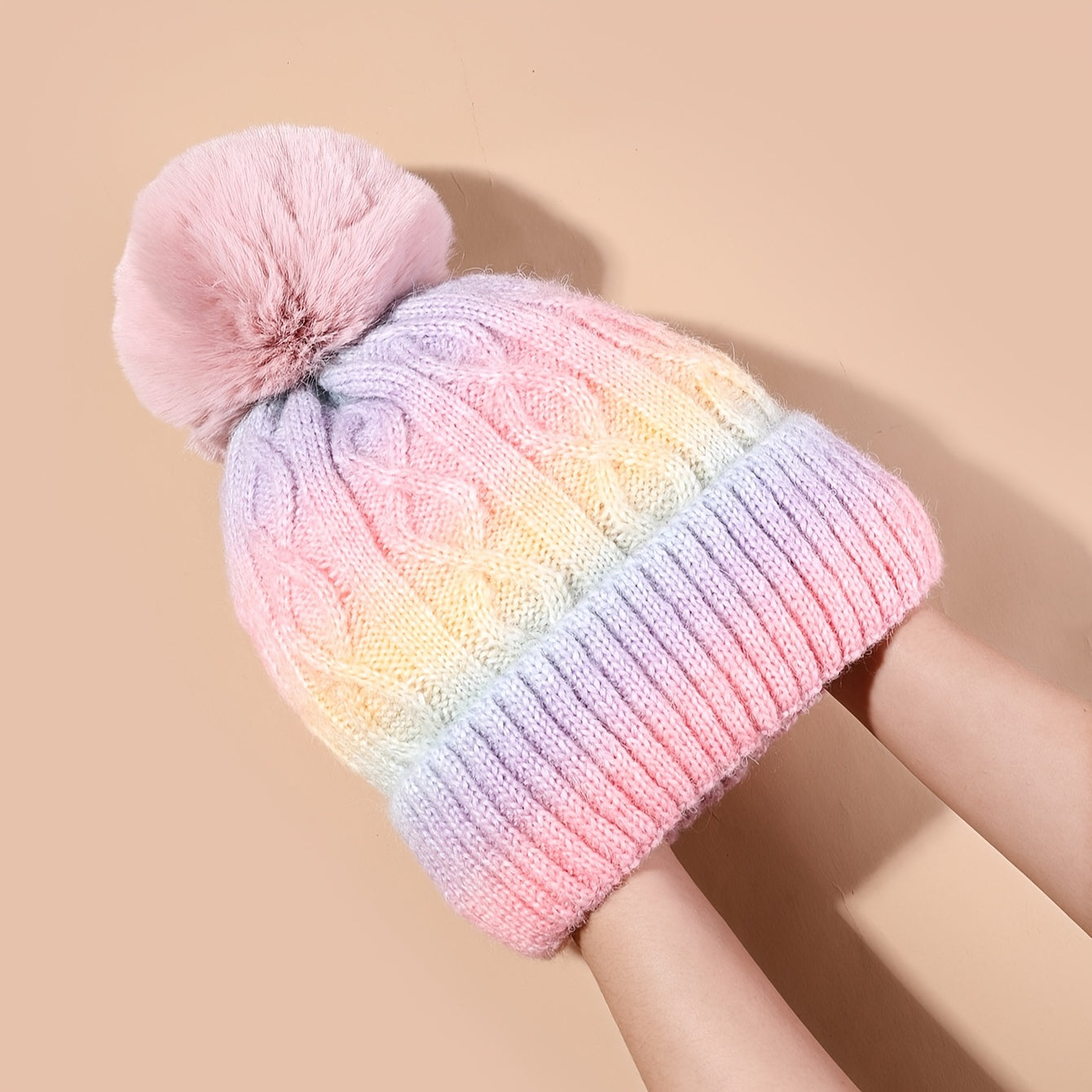 1pc Beanie Cute Knit Caps Faux Pompom Girls Thickening Winter Hats For Girls