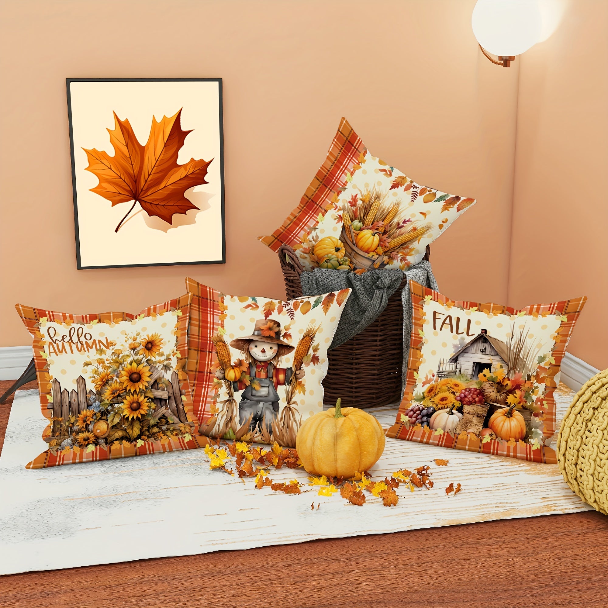 4pcs Velvet Fall Thanksgiving Throw Pillow Covers Scarecrow Log Cabin Plant Buffalo Plaid Farmhouse Rustic Harvest Decorative Pillowcases18in*18in For Autumn Living Room Bedroom Sofa Bed Decoration Without Pillow Inserts