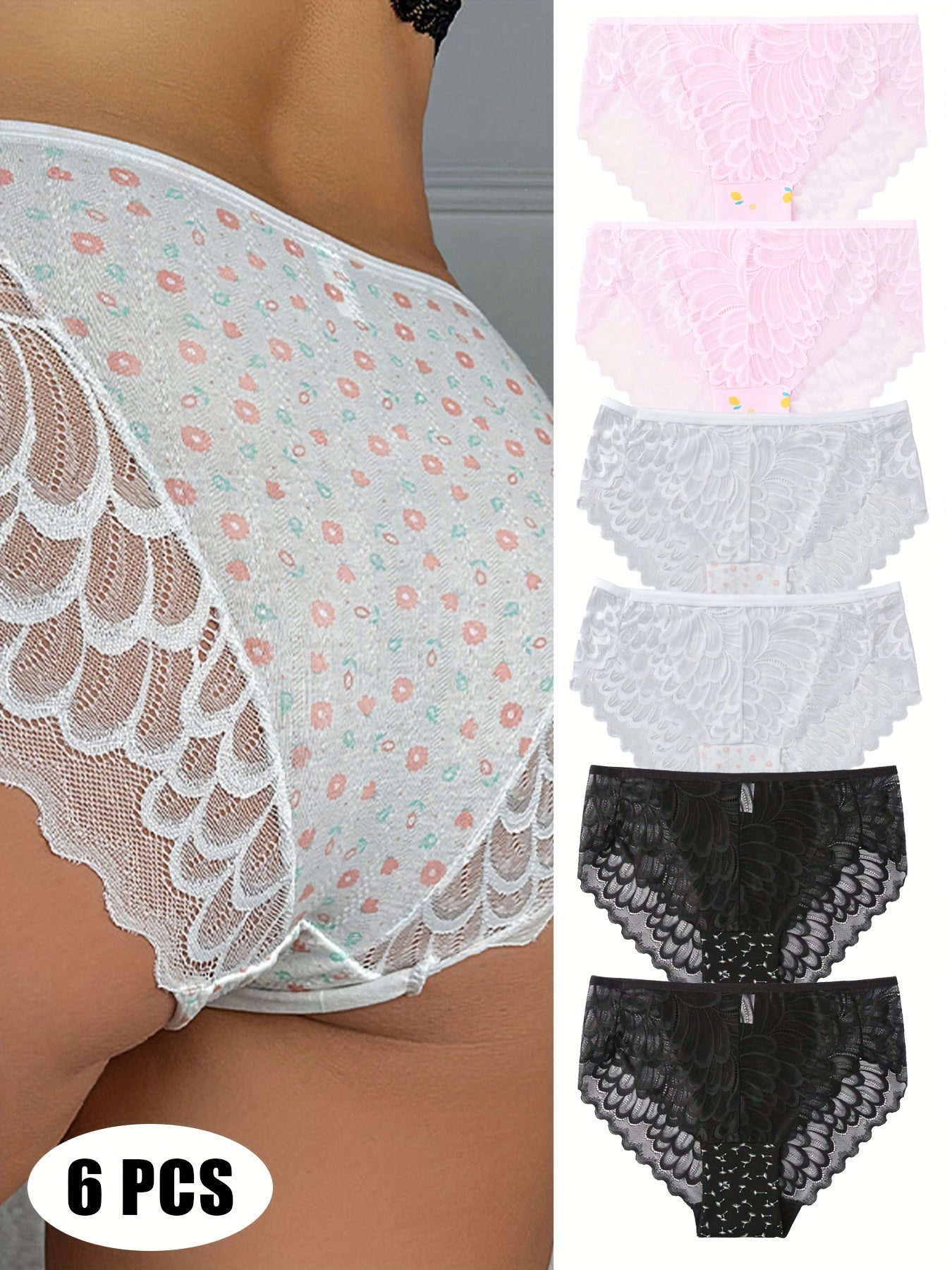 6 PCS Delicate Floral Lace Lightweight & Breathable Underwear for Women - Moisture Wicking, Quick Drying, Comfortable, Soft, and Silky Panties for Everyday Wear - Perfect for Sensitive Skin and Active Lifestyle