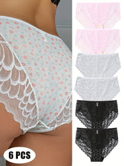 6 PCS Delicate Floral Lace Lightweight & Breathable Underwear for Women - Moisture Wicking, Quick Drying, Comfortable, Soft, and Silky Panties for Everyday Wear - Perfect for Sensitive Skin and Active Lifestyle