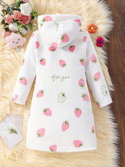 Girls Robe Soft Warm Hooded Bathrobe with Blet Strawberry Pattern for Gift