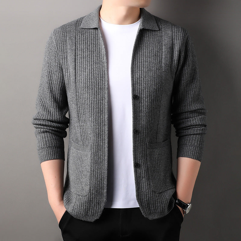 Pure Color Knitted Cardigan For Young Men Korean Style Sweater Lapel