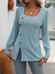 Decorative Button Striped Square Neck Long Sleeve blouse