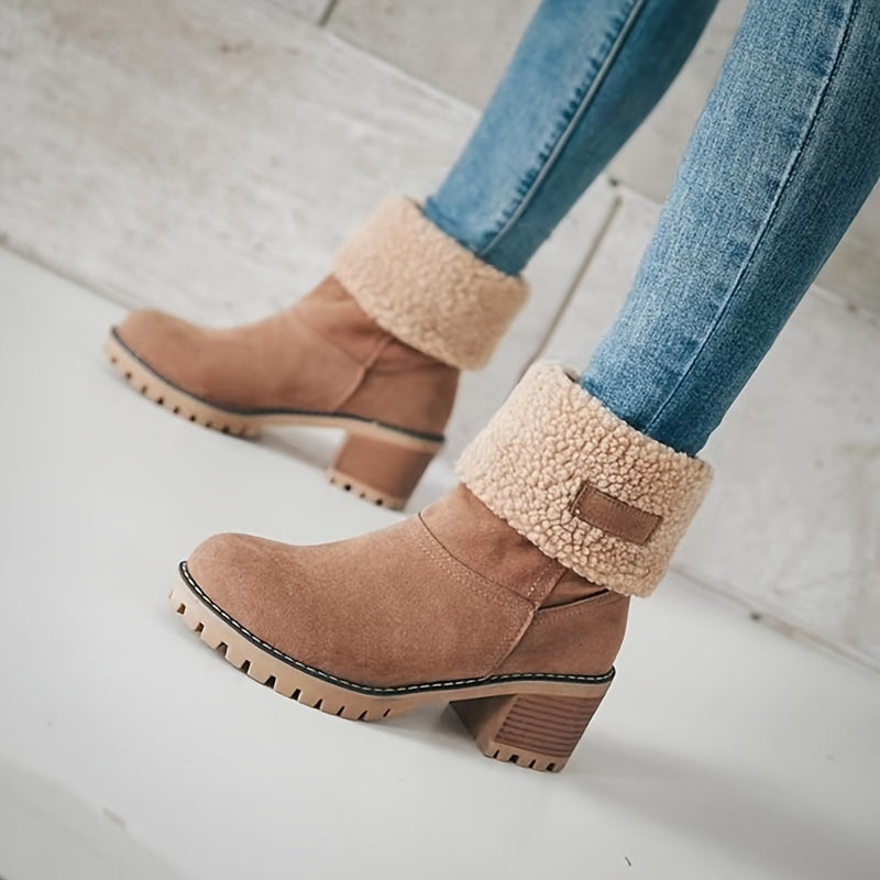 Women's Solid Color Chunky Heel Boots, Casual Slip On Plush Lined Boots, Comfortable Winter Ankle Boots