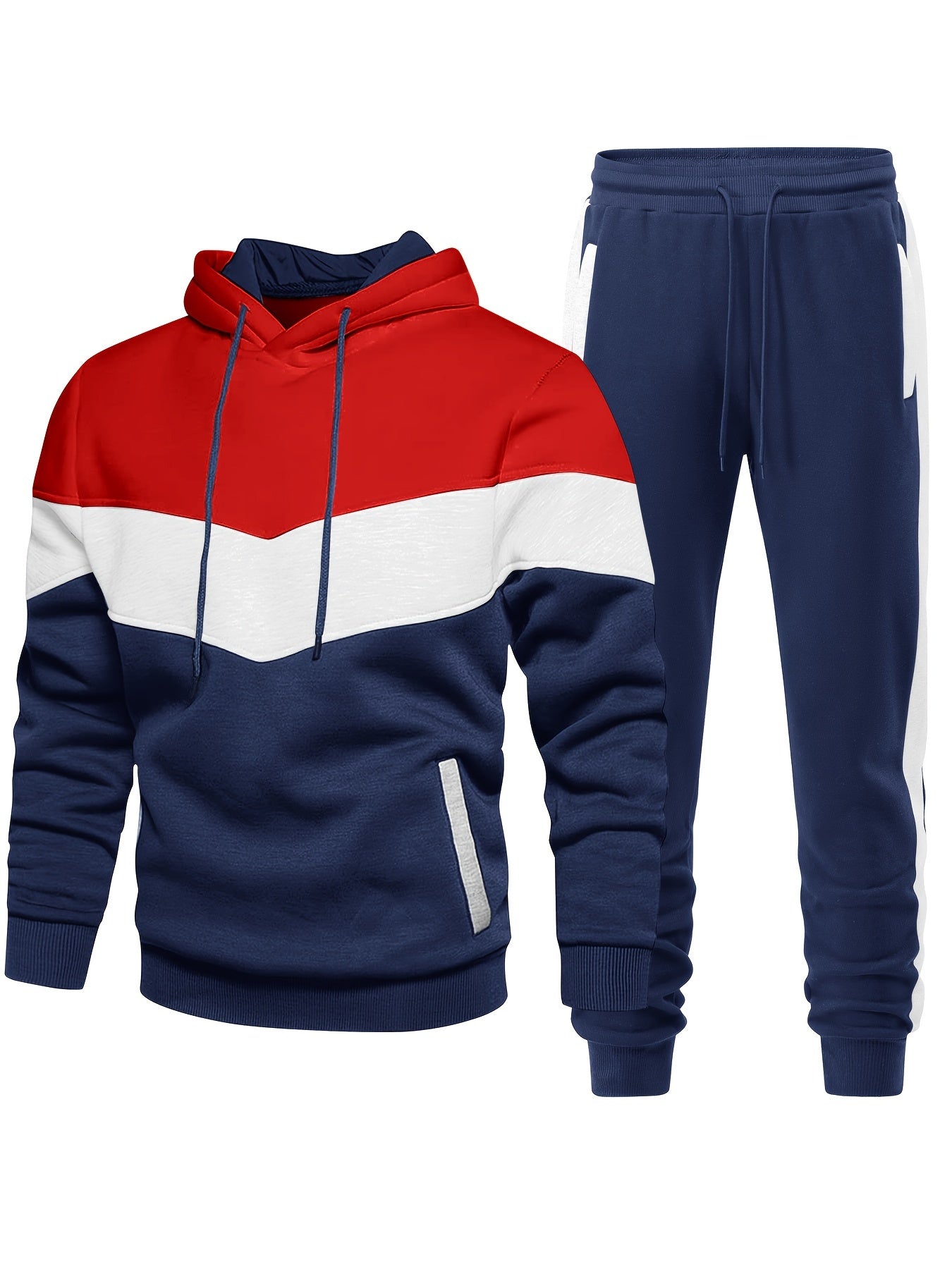 2-piece Color Block Men's Athletic Tracksuit Set, Casual Long Sleeve Hoodie With Drawstring And Jogging Pants Set For Gym Workout Running