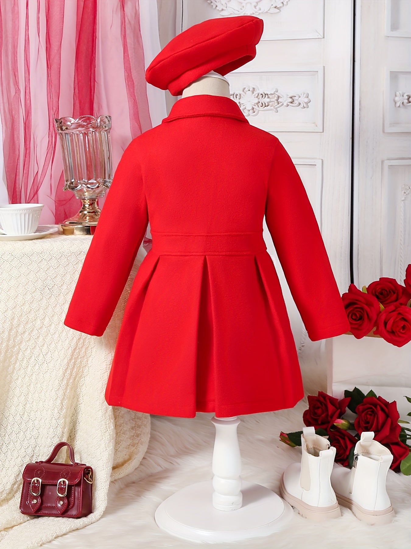 Chic Girls' Winter Coat with Bow Detail - Warm, Fashionable Double-Breasted Long Overcoat & Matching Hat Set for Youngsters