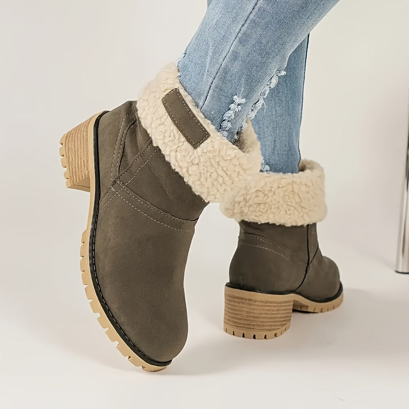 Women's Solid Color Chunky Heel Boots, Casual Slip On Plush Lined Boots, Comfortable Winter Ankle Boots