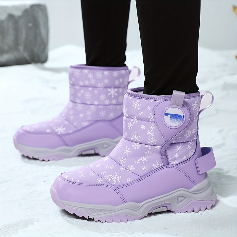 Girls' Winter Snow Boots - Warm Fashionable Versatile - Cute Stylish Snow Boots with Hook & Loop Closure, Geometric Pattern, Faux Leather Upper, Fabric Lining, Rubber Sole, Medium Height, Round Toe