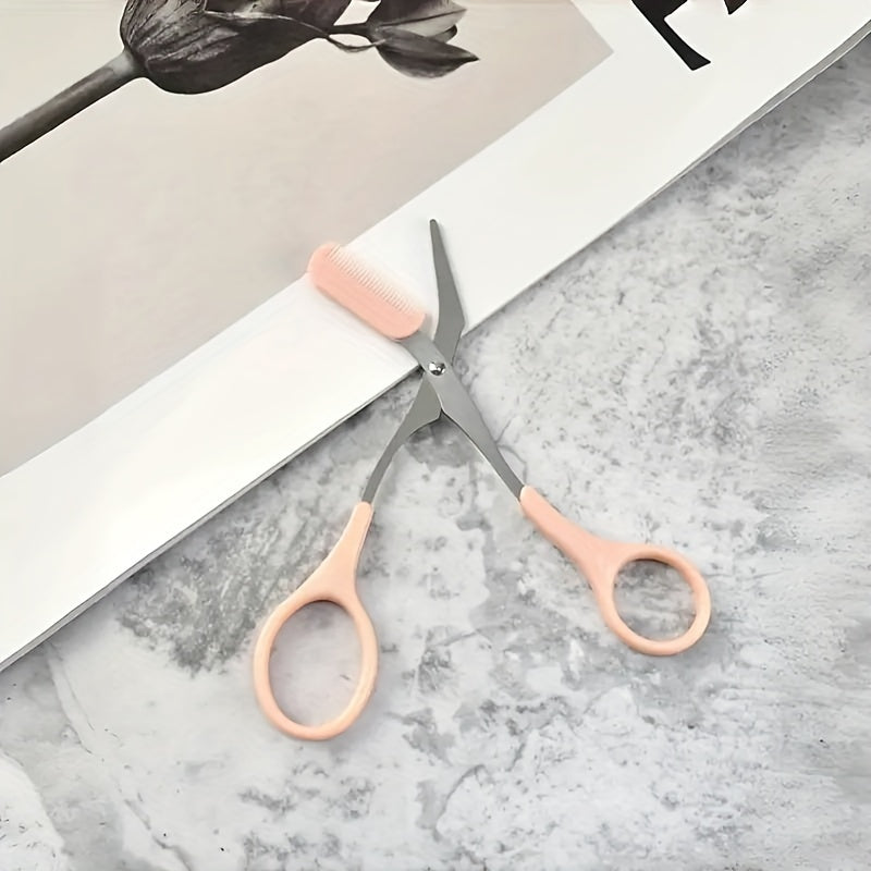 Pink Eyebrow Trimming Scissors With Built-In Comb - Stainless Steel, Precision Grooming Tool For Perfect Brows