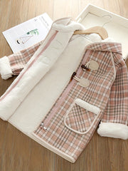 Girls' Elegant Plaid Fleece Overcoat - Hooded, Midi-Length with Zip Pockets for Winter Warmth