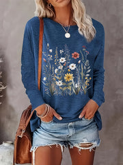 Plus Size Floral Bloom Crew Neck Long Sleeve Top - Soft, Breathable, Relaxed Fit, Casual Chic Style for Spring & Fall - Women's Comfortable Plus Size Clothing for Daily Wear