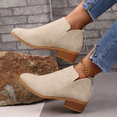 Chunky Heel Pointed Toe Ankle Boots With V-cut Design