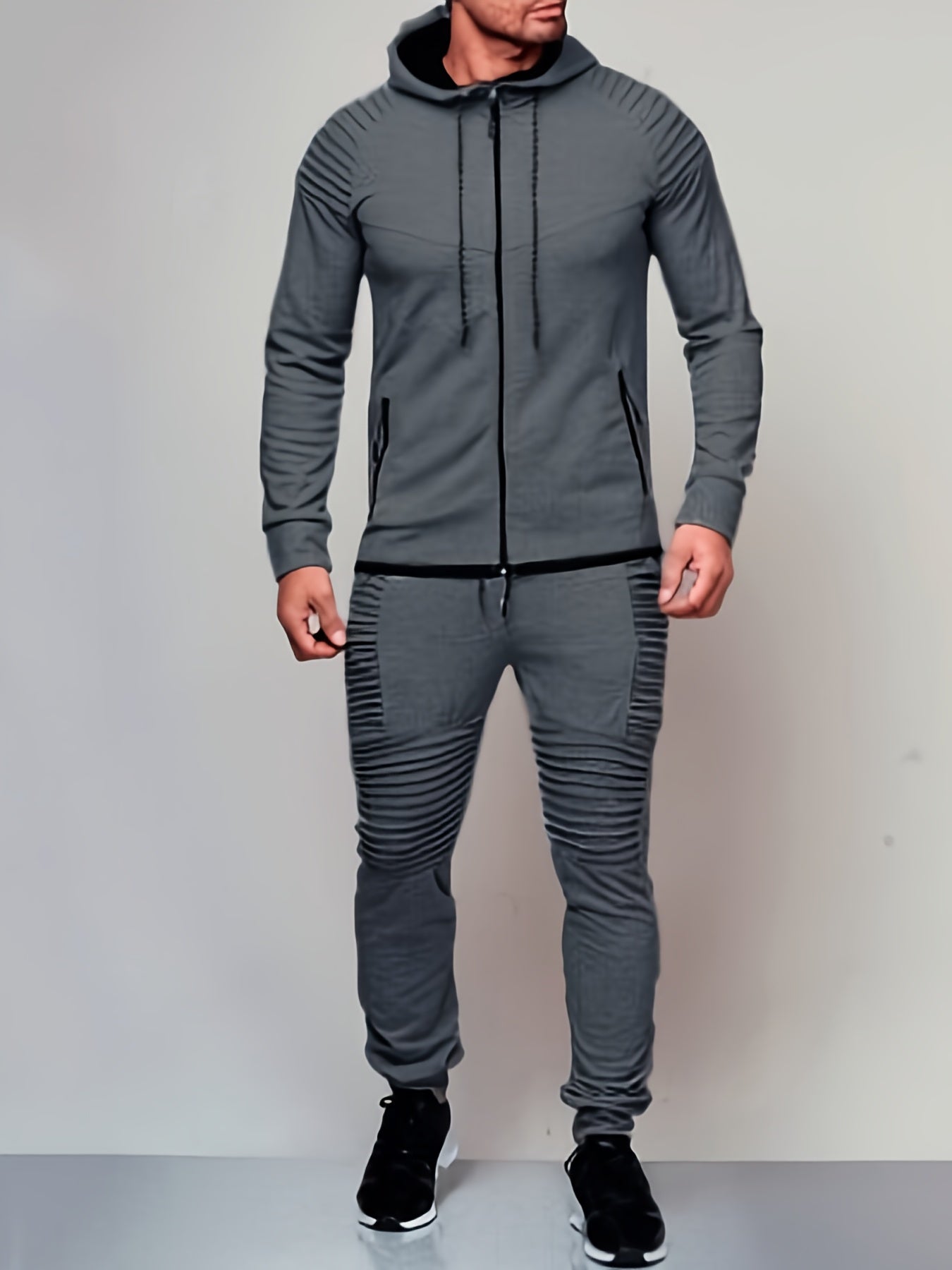 Mens Casual 2PCS Set, Solid Color Long Sleeve Straps Hoodie Zip Pockets Top, Long Loose Drawing Straps Pants, Sweatsuits