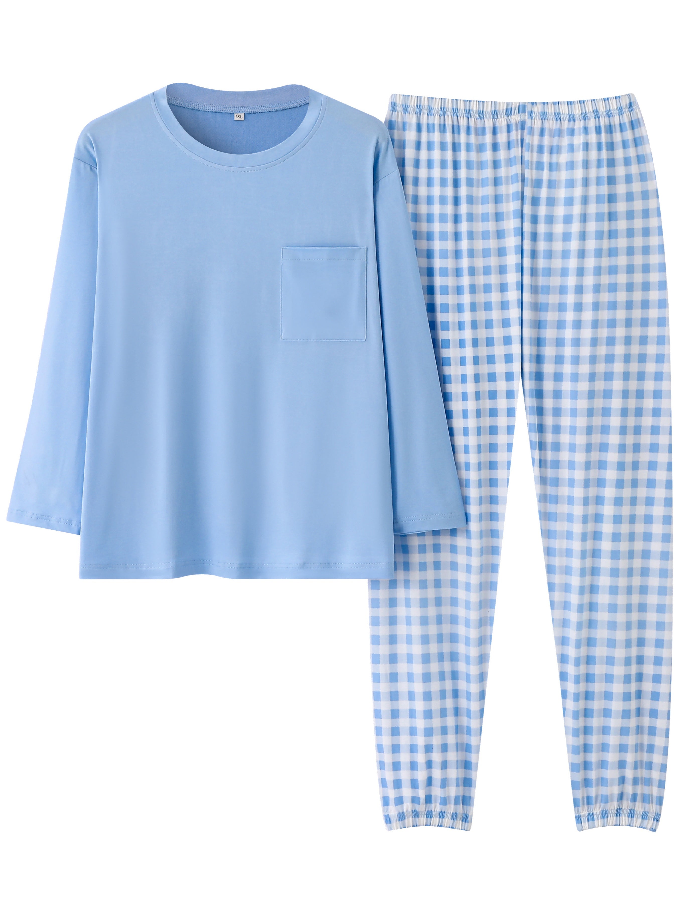 Plus Size Casual Pajamas Set, Women's Plus Soft Solid Long Sleeve Tee & Plaid Pants Comfort Loungewear 2pcs Set, Women Plus Size Two Piece Set