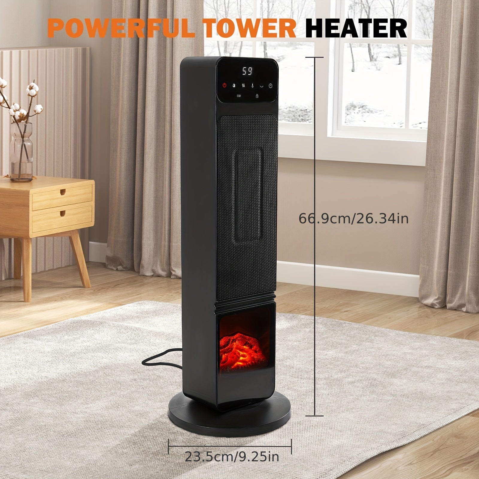 1500W Fast Electric Portable Space Heater for Indoor Use with Remote and Thermostat, 4 Modes, 26" Vertical, 12 Hour Timed Schedule, Overheating & Tip-Over Protection, Black Color