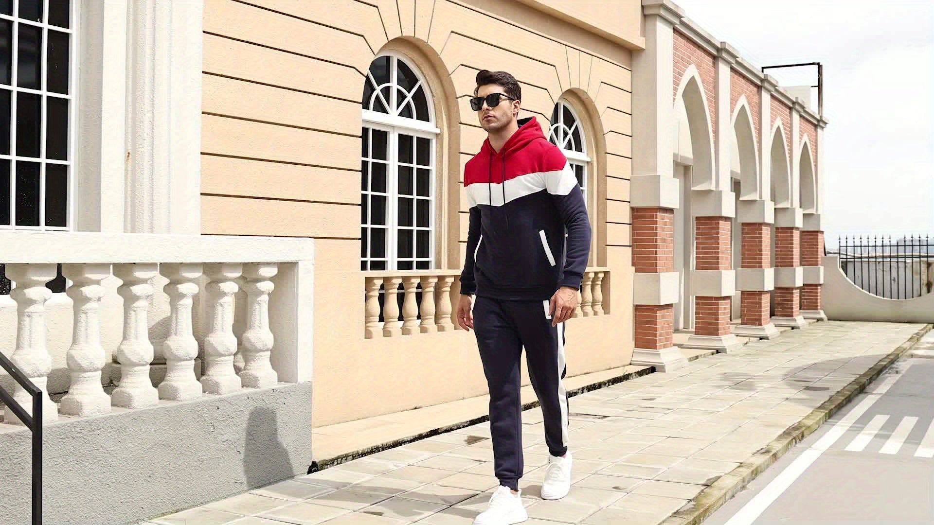 2-piece Color Block Men's Athletic Tracksuit Set, Casual Long Sleeve Hoodie With Drawstring And Jogging Pants Set For Gym Workout Running