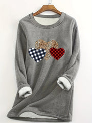 Plus Size Women's Cozy Plaid and Leopard Heart Print Fleece Sweatshirt - Soft Medium Stretch Pullover Top with Long Sleeve and Round Neck - Casual Winter Wear for Everyday Comfort