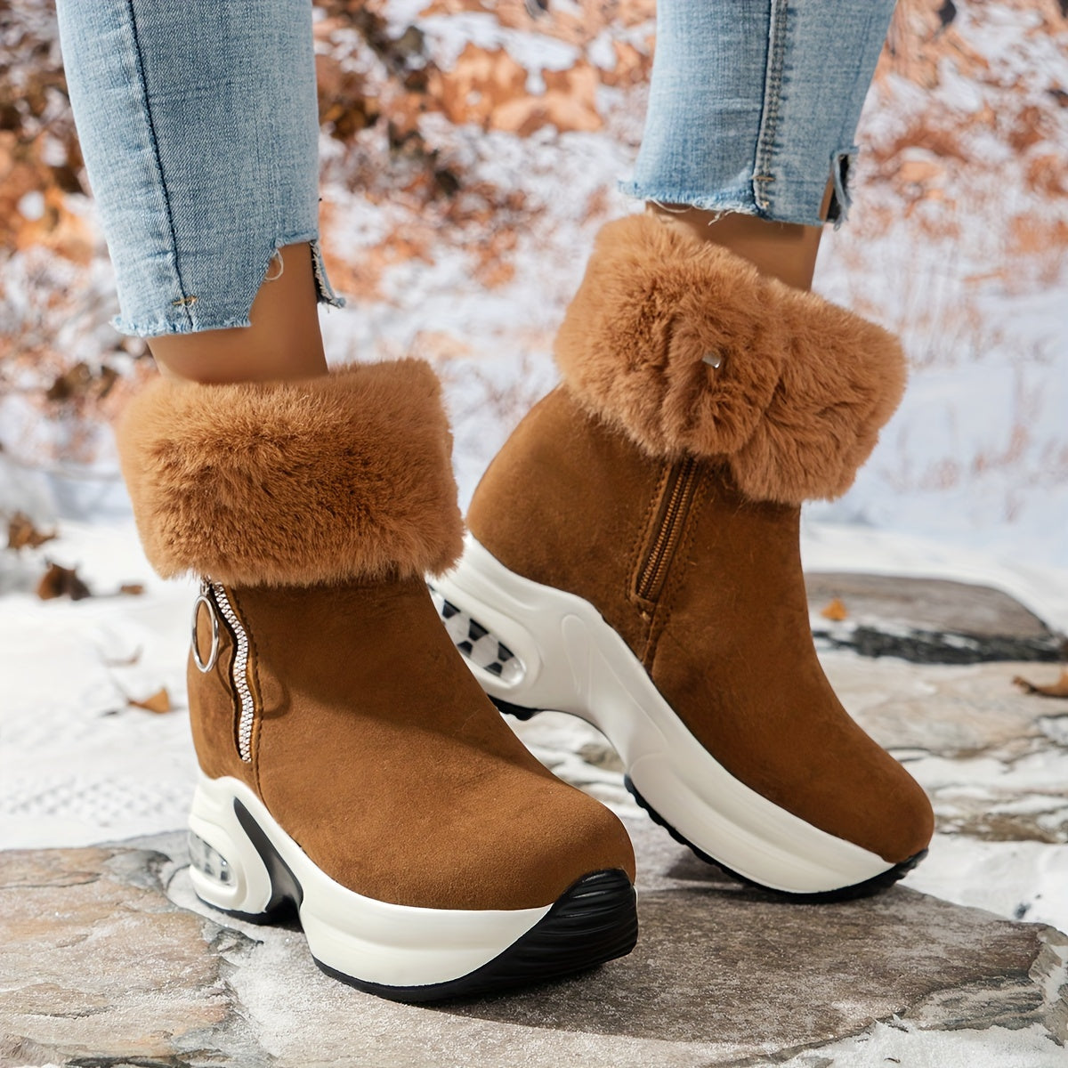 Women's Platform Short Boots, Comfortable Side Zipper Ankle Boots, Stylish Plush Lined Boots