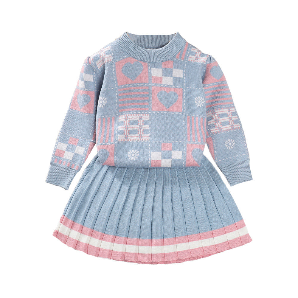 Round Neck Geometric Cartoon Printed Sweater Pleated Skirt Suit