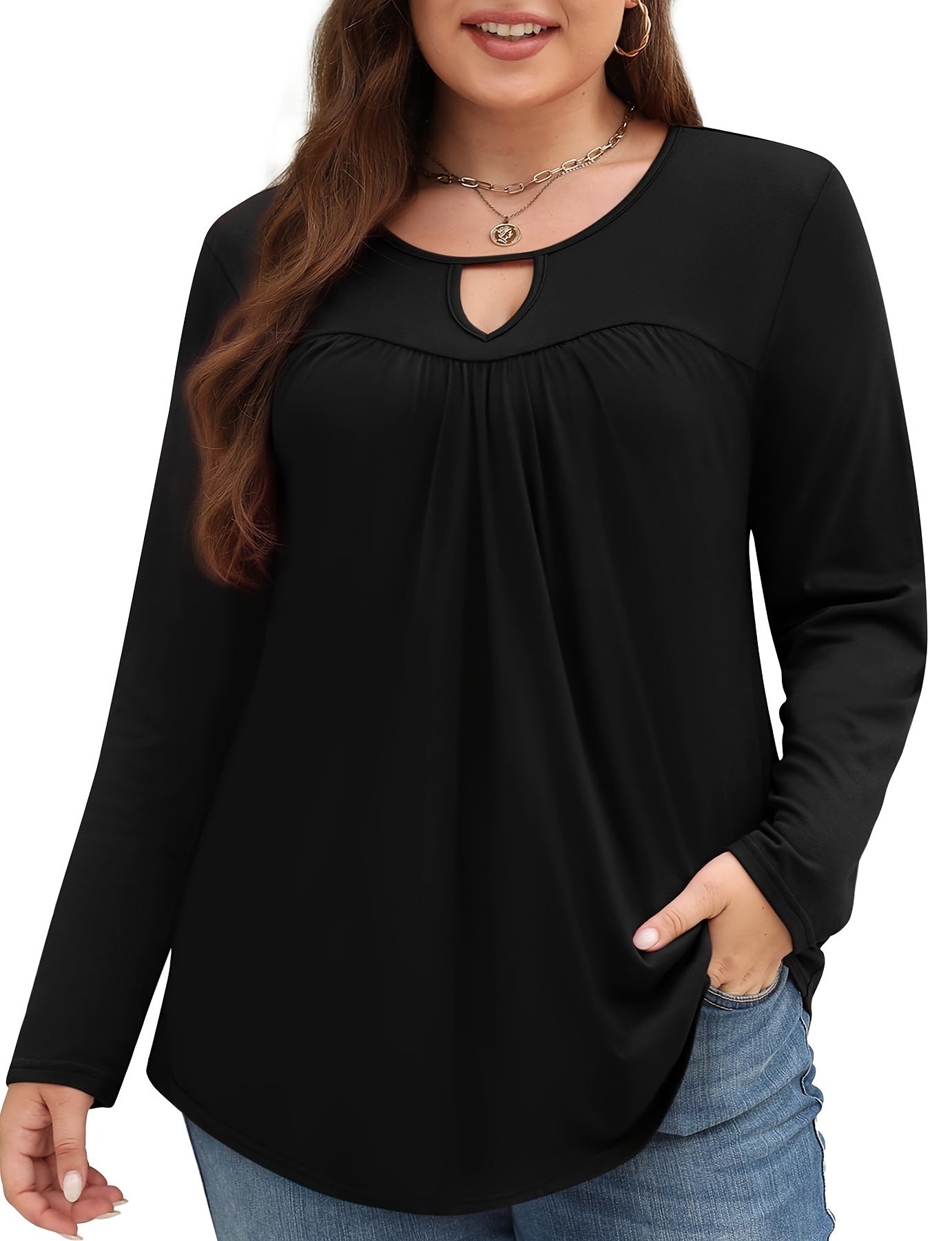 Stylish Plus Size Women's Long Sleeve Keyhole Crewneck Pleated Tunics Tee Blouse - Women Plus - Soft, Breathable, Relaxed Fit, Flattering Silhouette, Versatile Wardrobe Essential