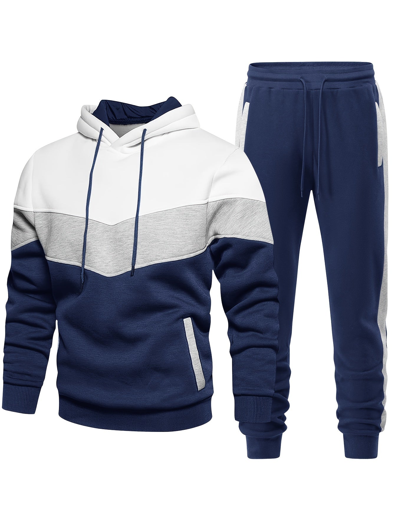 2-piece Color Block Men's Athletic Tracksuit Set, Casual Long Sleeve Hoodie With Drawstring And Jogging Pants Set For Gym Workout Running